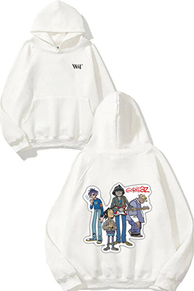 THEWERT Hanorac alb cu glugă cu imprimeu pe spate Gorillaz Self Titled Design