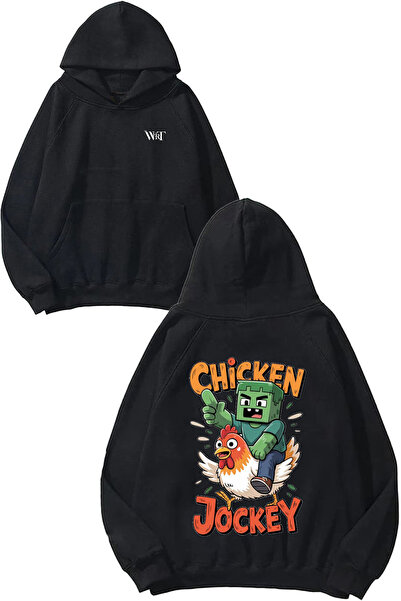 THEWERT Hanorac negru cu glugă cu imprimeu pe spate Chicken Jockey Design