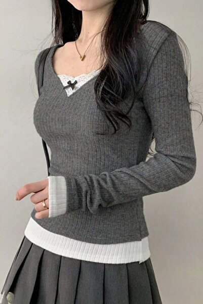 harmony factory Smoked Lace Bow Attached Y2K Long Sleeve Crop Blouse