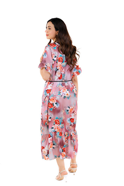 amaan Modern Womens Floral Print Satin Midi Jalabiya Dress, Traditional Arabic Style with Ruffle Sleeves,