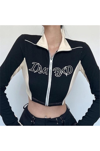 galaxy boutique أبيض مخطط أنا سيء انغلق أسود طويل الأكمام المحاصيل