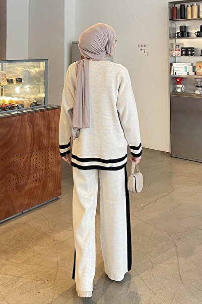 lamelif Striped Pants Knitwear Hijab Set Cream