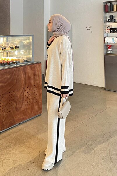 lamelif Striped Pants Knitwear Hijab Set Cream