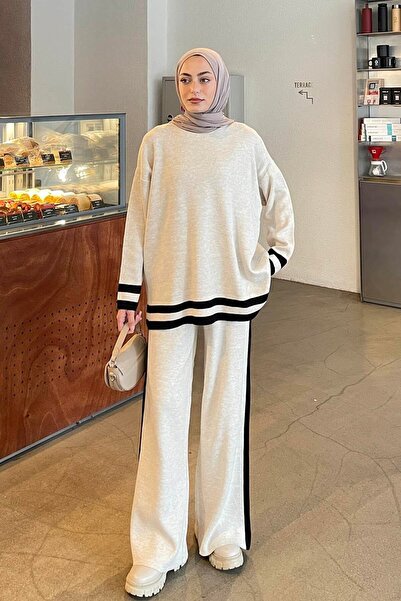 lamelif Striped Pants Knitwear Hijab Set Cream