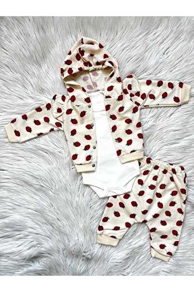 Linda Harris Strawberry Pattern Cream Hooded 3-Piece Bodysuit 3-Piece Newborn Baby Set