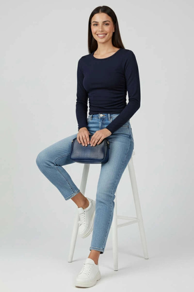 Ethab Ticaret Gathered Side Blouse Navy Blue