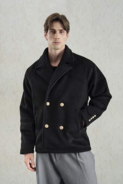 GIESTO Short Black Cashemere Coat with Gold Buttons