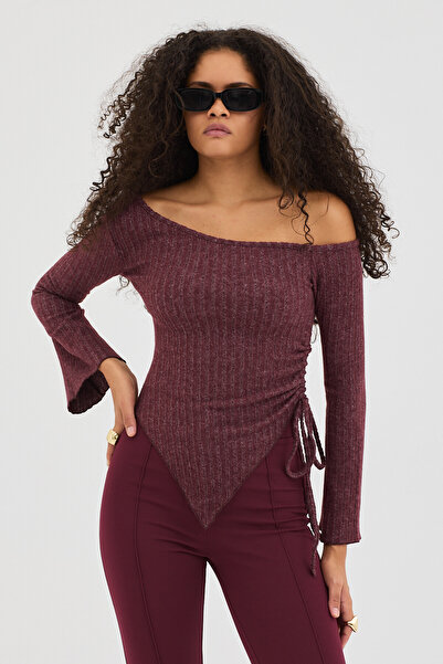 Eco Sense Asymmetrical Cut Ribbed One Shoulder Stylish Blouse - Burgundy