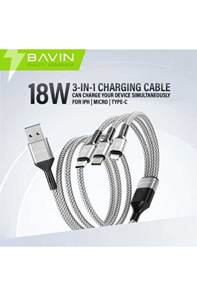 Bavin 3 in 1 Nylon Braided Data Cable 18W Fast Charging Compatible with Type-C, Micro and iPhone