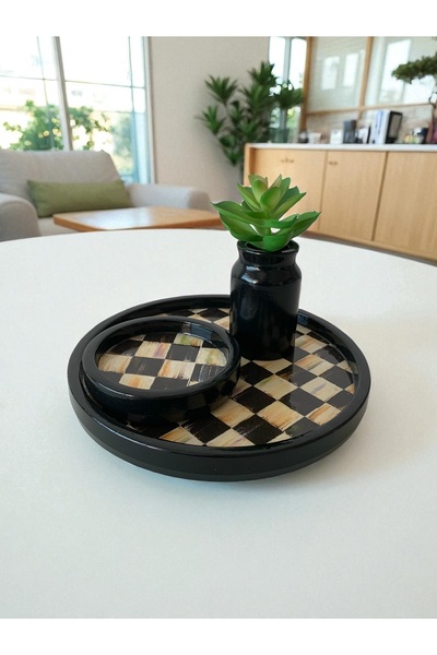 unique florya Checkered Trio Set – Yuvarlak Tepsi, Bardak Altlığı & Mini Vazo...