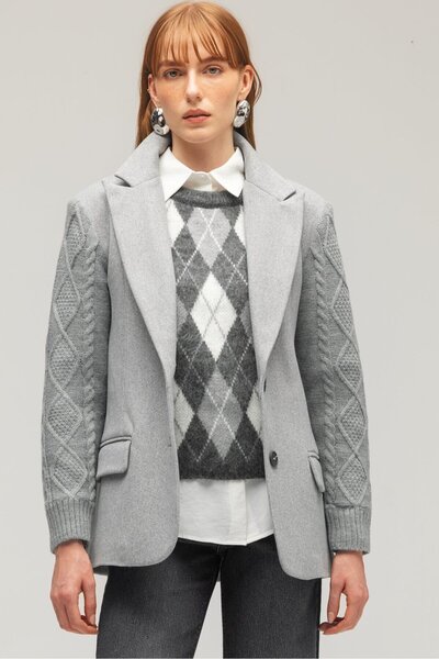 Saade Jachetă blazer gri pentru femei, cu mâneci tricotate, cu detalii din țe...