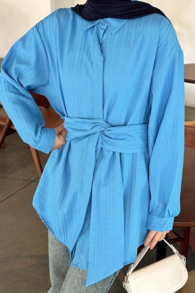 lamelif Πουκάμισο τουνίκ με λουράκια στη μέση Μπλε