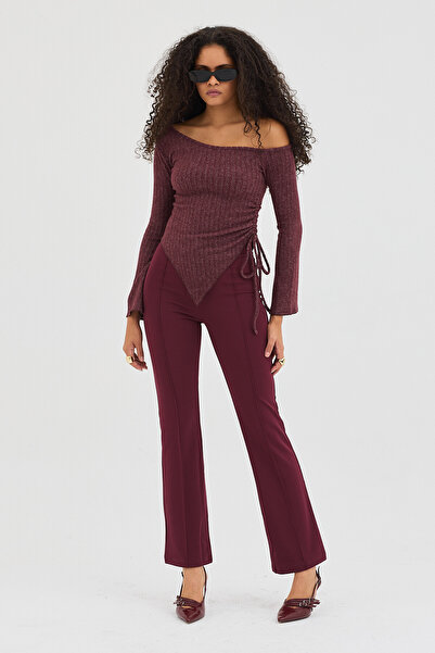 Eco Sense Asymmetrical Cut Ribbed One Shoulder Stylish Blouse - Burgundy