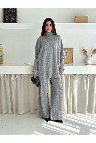 MİHRİZAR Turtleneck Button Detailed Oversize Wide Leg Double Knitwear Set