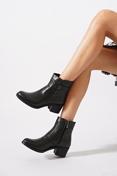 Moda Pie Mores Yan Tokalı Kadın Hakiki Deri Bot Siyah Cilt