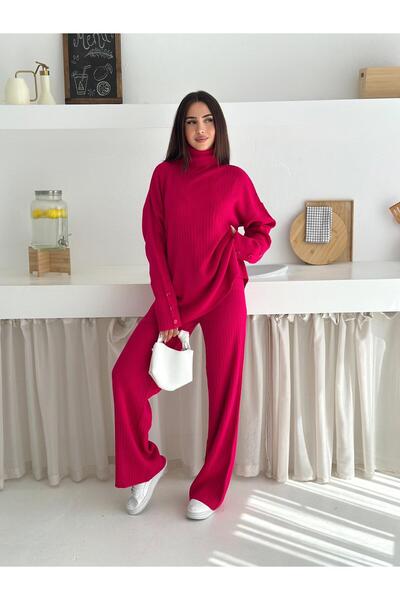 MİHRİZAR Turtleneck Button Detailed Oversize Wide Leg Double Knitwear Set