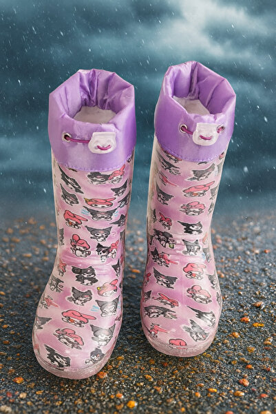 Behtah Kundura Kız Çocuk Kuromi Baskılı İçi Peluşlu Su Geçirmez Yağmur Çizmesi Botu