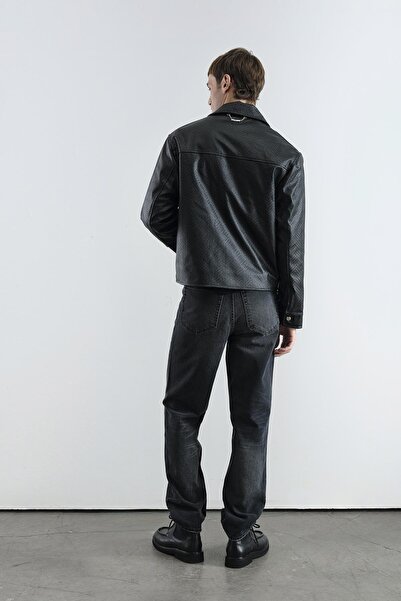 GIESTO Knitted Patterned Leather Black Jacket