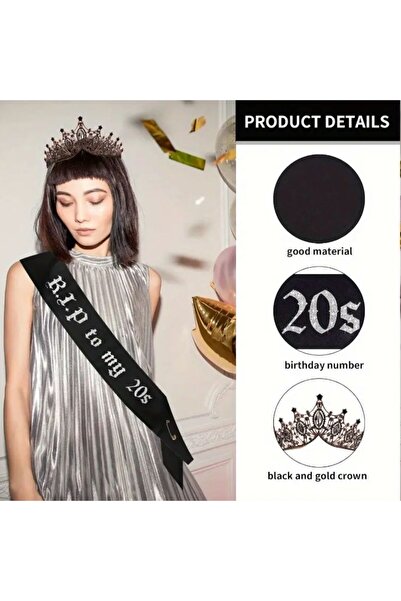 Yıldız Accessory Goodbye 20Th Birthday Set Crown Sash R.I.P. To My 20S Black Gold Color Crown 30 Years Old