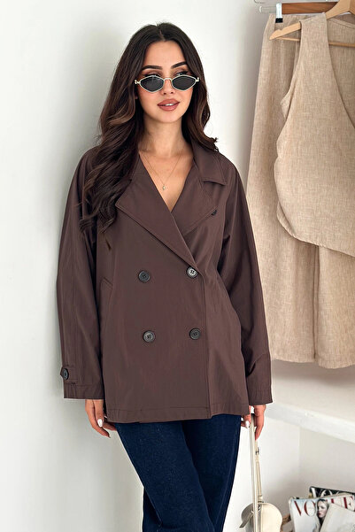 Genel Markalar Kısa Trençkot Düğmeli Acı Kahve