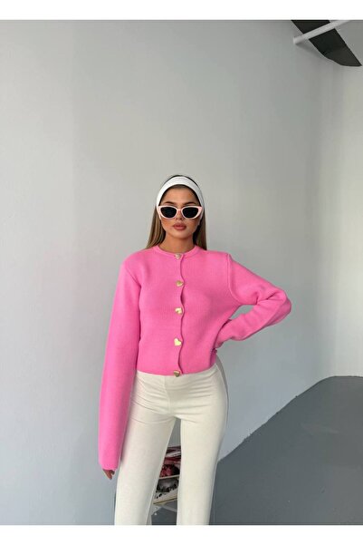 hiraz fashion Women's Pink Heart Button Soft Textured Cardigan