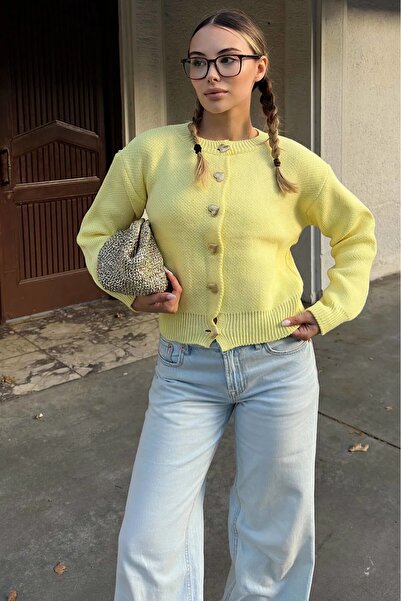 hiraz fashion Women's Yellow Heart Button Soft Textured Cardigan