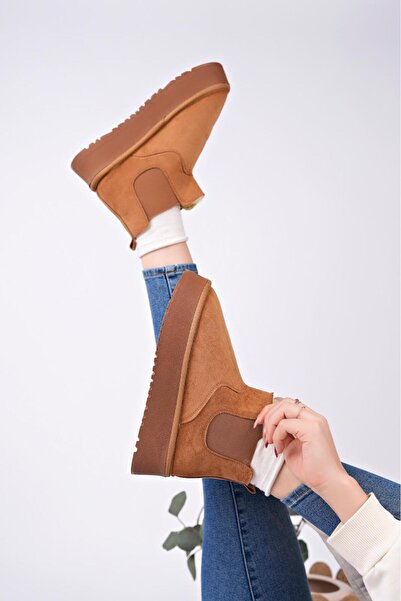 moun shoes Γυναικείες μπότες Mini Tan Suede με επένδυση από γούνα, ελαστικές πλαϊνές άκρες και χοντρή σόλα