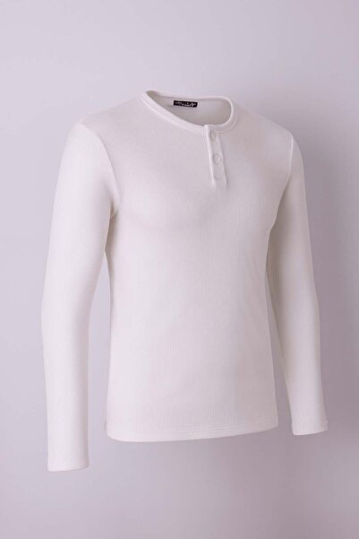 trender Buttoned Waffle Ecru Men's Sweatshirt 5070