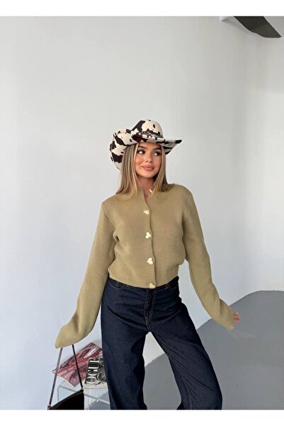 hiraz fashion Women's Khaki Green Heart Button Soft Textured Cardigan