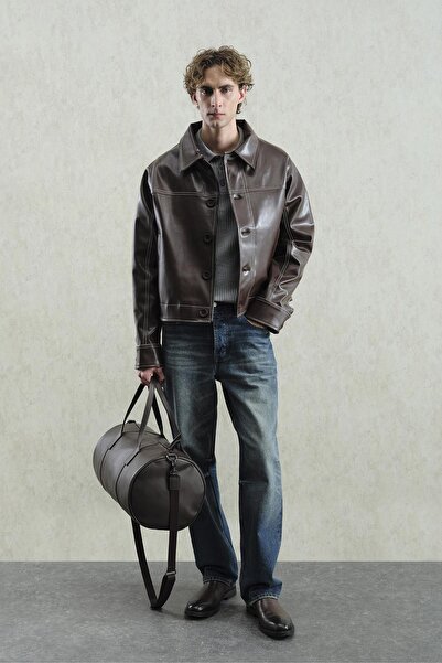 GIESTO Brown Leather Jacket with Contrast Stitching Detail