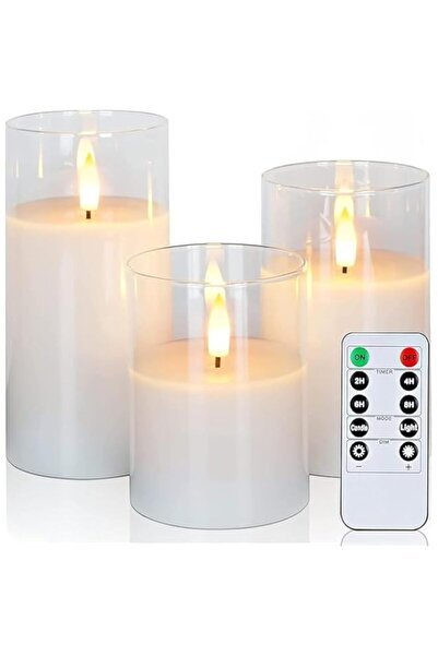 Generic Set of 3 Glass Flameless Candles with Remote and Timer, Flickering Re...