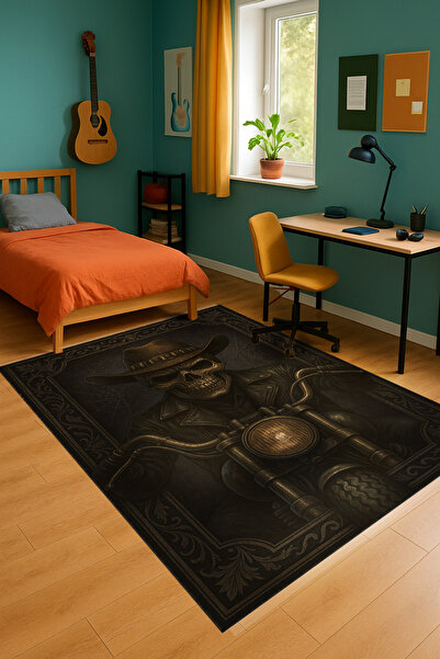 Rugs Modern Halı MOSSO Siyah Tonlar Motorlu Kovboy İskelet Desenli Dokuma Tab...