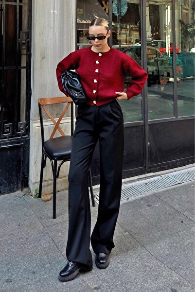 hiraz fashion Women's Burgundy Heart Button Soft Textured Cardigan