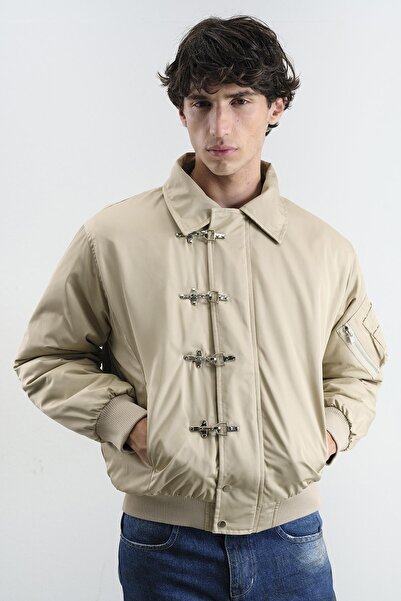 GIESTO Beige Bomber Jacket with Metal Accessories