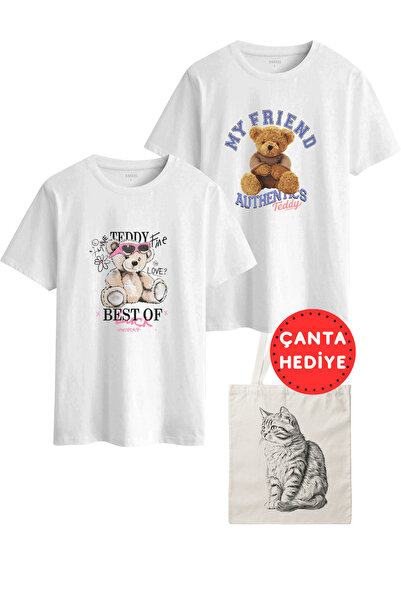 DK DAKSEL 'Best Friend' Teddy Bear Printed 2-Piece T-Shirt Combination + Drawing Cat Pattern Bag Gift Set |