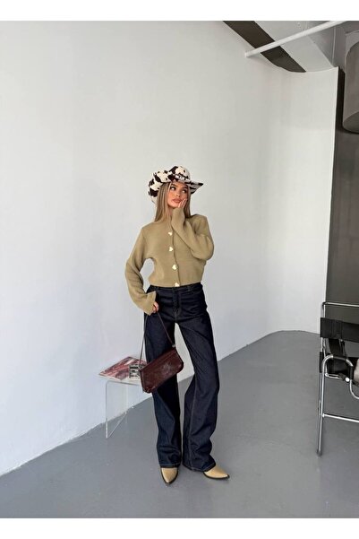 hiraz fashion Women's Khaki Green Heart Button Soft Textured Cardigan