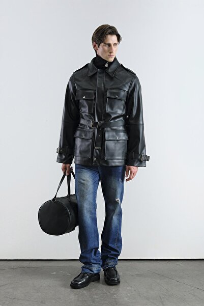 GIESTO سترة جلدية سوداء بحزام