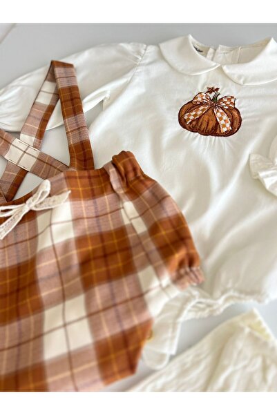 il mio bambino Handmade 100% Cotton Baby Girl Pumpkin Embroidery Shirt, Short Jumpsuit - Romper Set