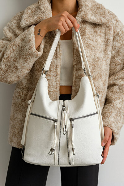 H&D COLLECTİON Geantă de damă din piele artificială moale, albă, potrivită pentru umăr și spate