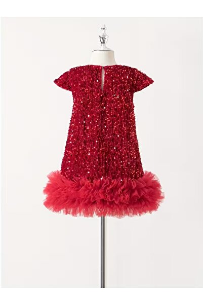 Vaelia Kız Çocuk Kırmızı Payetli Tüllü Abiye Parti ve Doğum Günü Elbisesi