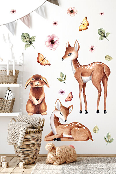 Sticker Sepetim Watercolor Themed Forest Friends Cute Rabbit and Baby Gazelles Children's Room Wall Sticker