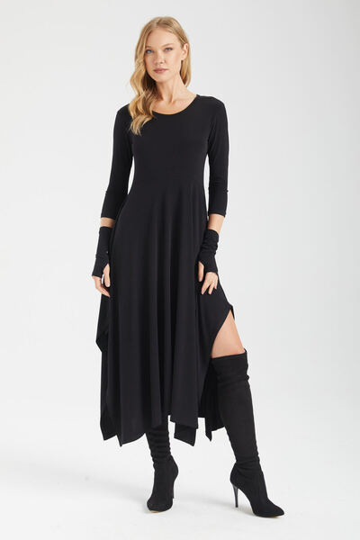 By Yaren Yazıcı Rochie midi neagră asimetrică croi relaxat pentru femei, cu m...