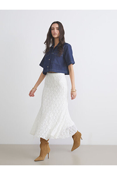 LC Waikiki Ekru Beli Lastikli Ajurlu Kroşe Etek