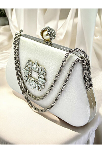 Biçanta Ecru Color Glittery Satin Silver and Pearl Detailed Chain Strap Women's Evening Dress Bag Wedding Engagement Prom