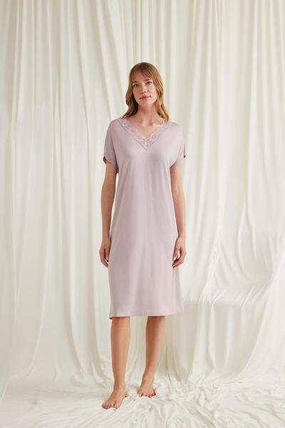 MONAMİSE Women'S, Lace Collar Short Sleeve, Mink Nightgown-18582