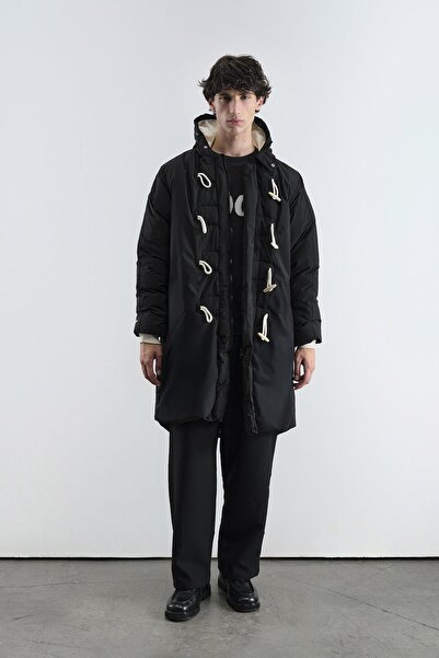 GIESTO Hooded Long Puffer Black Coat