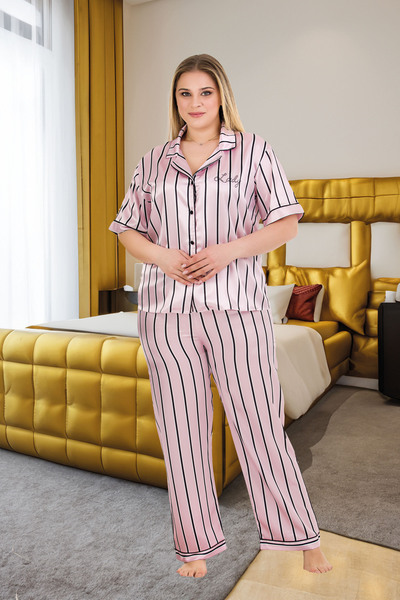 MOPİ Satin Plus Size Striped and Buttoned Shirt Collar Short Sleeve Pajama Set