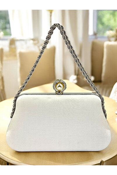 Biçanta Ecru Color Glittery Satin Silver and Pearl Detailed Chain Strap Women's Evening Dress Bag Wedding Engagement Prom