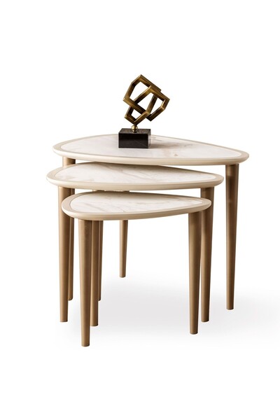 SHOWDEKO Efes Üçlü Mermer Desenli Ahşap Ayaklı Zigon Sehpa Seti 58x47cm