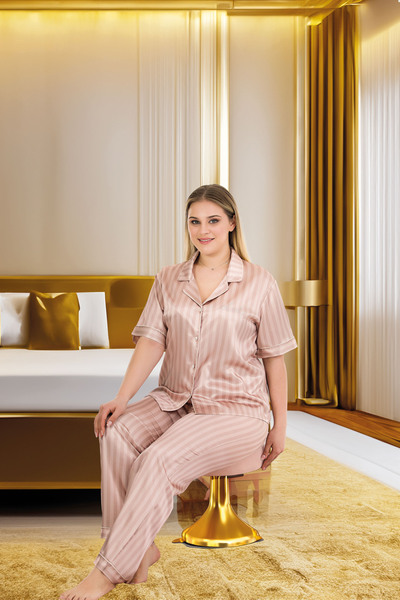 MOPİ Satin Plus Size Striped and Buttoned Shirt Collar Short Sleeve Pajama Set